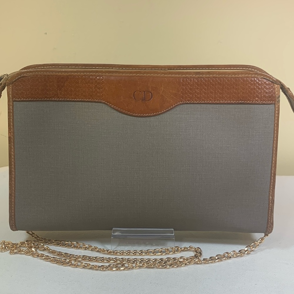 Dior Clutch Gray Coated Canvas, Brown Leather with COA